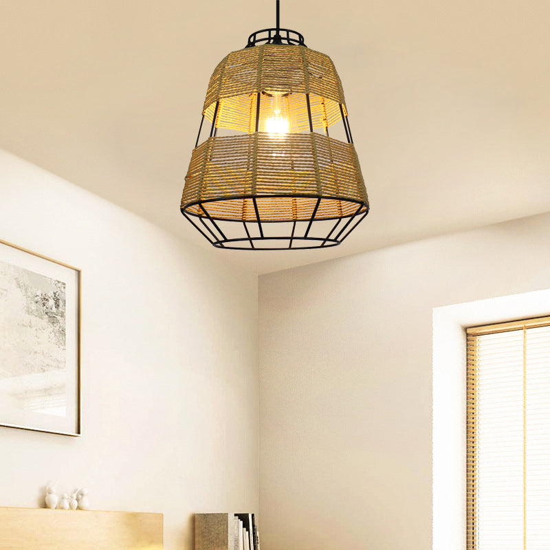 Barrel Metal Cage Hanging Lamp Chinese Straw Rope 1-Light Beige Drop Ceiling Light for Living Room Restaurant Clearhalo 'Ceiling Lights' 'Pendant Lights' 'Pendants' Lighting' 138284