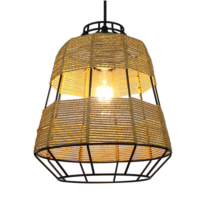 Barrel Metal Cage Hanging Lamp Chinese Straw Rope 1-Light Beige Drop Ceiling Light for Living Room Restaurant Clearhalo 'Ceiling Lights' 'Pendant Lights' 'Pendants' Lighting' 138286