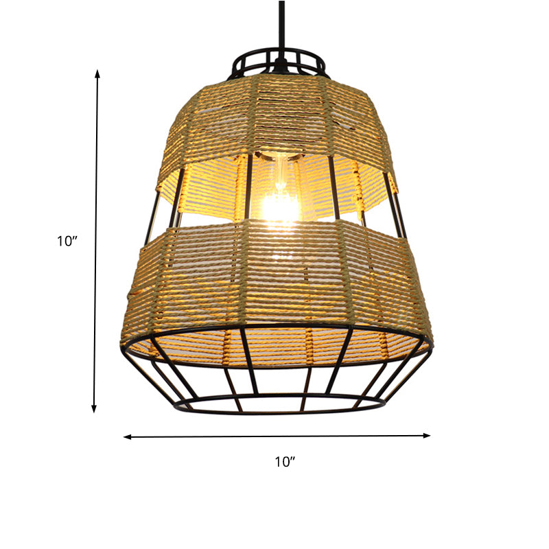 Barrel Metal Cage Hanging Lamp Chinese Straw Rope 1-Light Beige Drop Ceiling Light for Living Room Restaurant Clearhalo 'Ceiling Lights' 'Pendant Lights' 'Pendants' Lighting' 138287