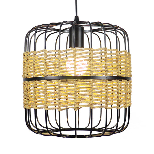 Cylinder Metal Cage Hanging Lamp Modern Straw Rope 1-Light Beige Drop Ceiling Light for Bedroom Restaurant Clearhalo 'Ceiling Lights' 'Pendant Lights' 'Pendants' Lighting' 138305