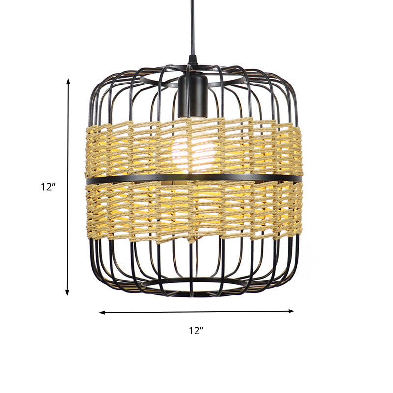 Cylinder Metal Cage Hanging Lamp Modern Straw Rope 1-Light Beige Drop Ceiling Light for Bedroom Restaurant Clearhalo 'Ceiling Lights' 'Pendant Lights' 'Pendants' Lighting' 138306