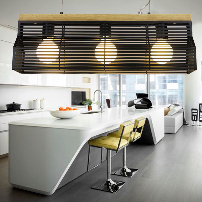 Black/White Linear Island Lighting Modern Style 3-Light Metal and Wood Island Pendant Light for Dining Room Black Clearhalo 'Ceiling Lights' 'Island Lights' Lighting' 138382