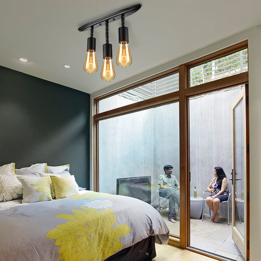 Open Bulb Bedroom Ceiling Light Fixture Farmhouse Style Iron 3 Lights Black Semi Flush Mount Lighting Black Clearhalo 'Ceiling Lights' 'Close To Ceiling Lights' 'Close to ceiling' 'Semi-flushmount' Lighting' 138396