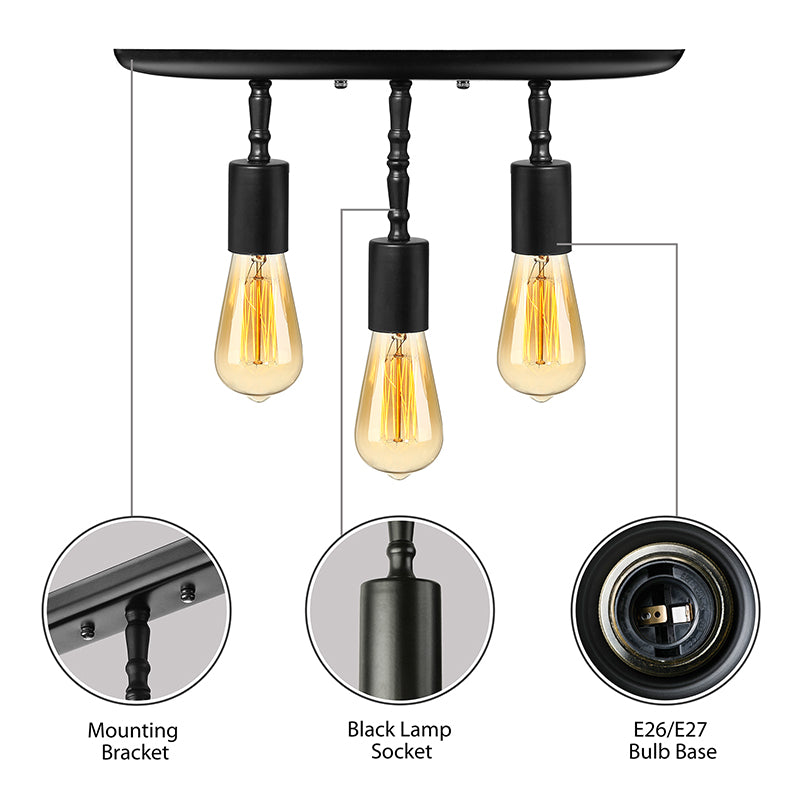 Open Bulb Bedroom Ceiling Light Fixture Farmhouse Style Iron 3 Lights Black Semi Flush Mount Lighting Clearhalo 'Ceiling Lights' 'Close To Ceiling Lights' 'Close to ceiling' 'Semi-flushmount' Lighting' 138401