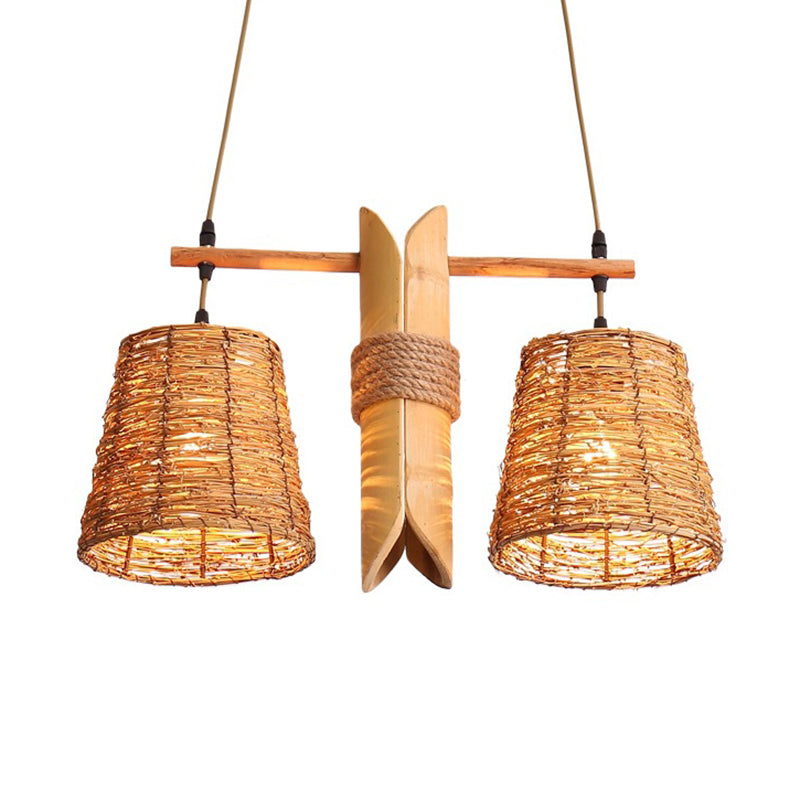 Bucket Rattan Shade Island Lighting Countryside 2 Bulbs Beige Pendant Light Fixture with Bamboo Design Clearhalo 'Ceiling Lights' 'Island Lights' Lighting' 138416