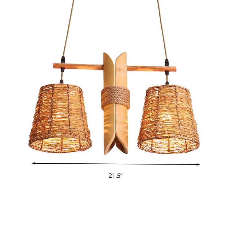 Bucket Rattan Shade Island Lighting Countryside 2 Bulbs Beige Pendant Light Fixture with Bamboo Design Clearhalo 'Ceiling Lights' 'Island Lights' Lighting' 138417