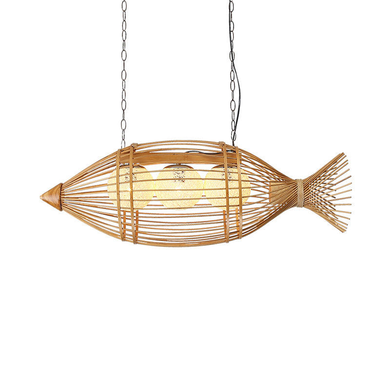 Bamboo Fish Shaped Chandelier Lighting Asian Style 39"/57" W 3 Bulbs Beige Hanging Light with Inner Rattan Ball Shade Clearhalo 'Ceiling Lights' 'Chandeliers' Lighting' options 138424