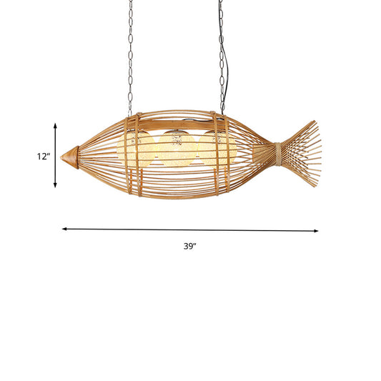 Bamboo Fish Shaped Chandelier Lighting Asian Style 39"/57" W 3 Bulbs Beige Hanging Light with Inner Rattan Ball Shade Clearhalo 'Ceiling Lights' 'Chandeliers' Lighting' options 138425