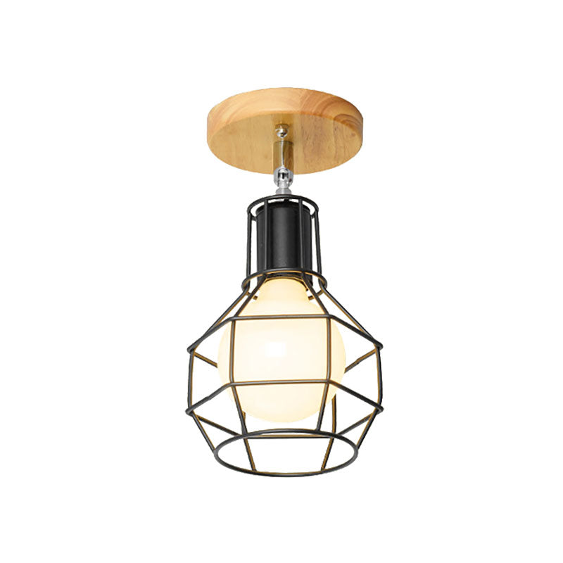 Mini Triangle/Urn Metal Semi Flush Light with Wire Guard Industrial Retro 1 Head Bedroom Ceiling Light Fixture Clearhalo 'Ceiling Lights' 'Close To Ceiling Lights' 'Close to ceiling' 'Semi-flushmount' Lighting' 138429