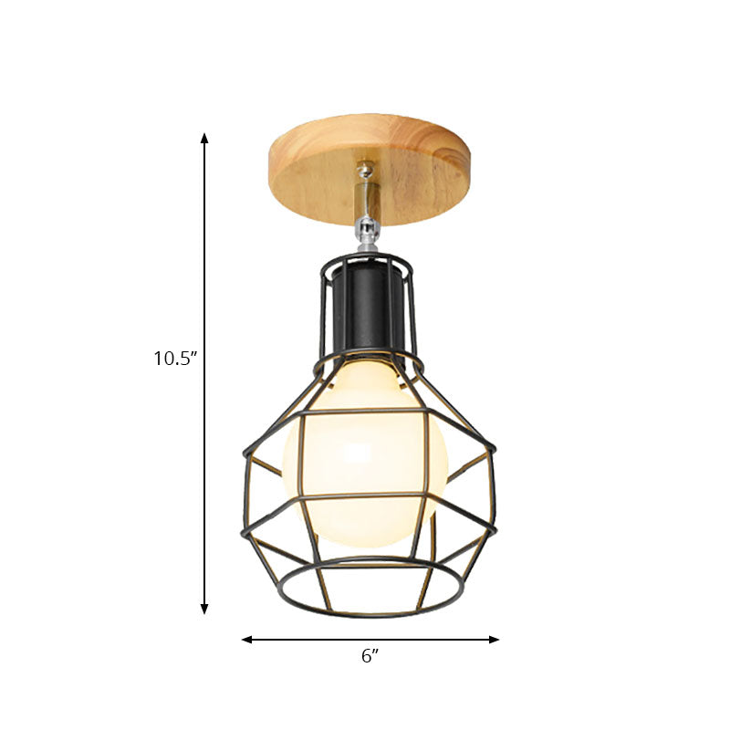 Mini Triangle/Urn Metal Semi Flush Light with Wire Guard Industrial Retro 1 Head Bedroom Ceiling Light Fixture Clearhalo 'Ceiling Lights' 'Close To Ceiling Lights' 'Close to ceiling' 'Semi-flushmount' Lighting' 138430