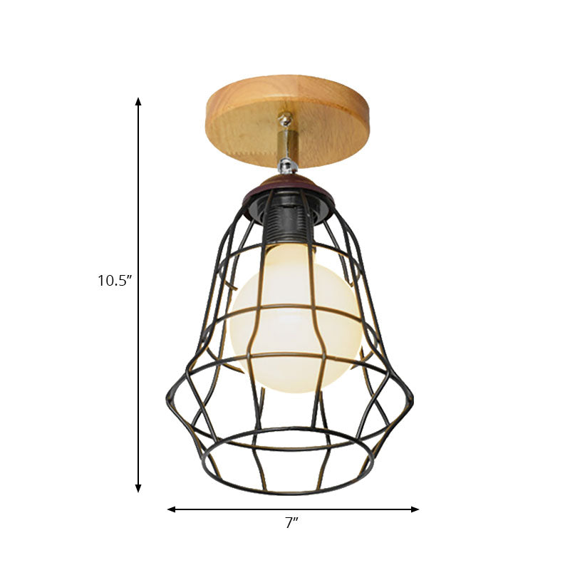 Mini Triangle/Urn Metal Semi Flush Light with Wire Guard Industrial Retro 1 Head Bedroom Ceiling Light Fixture Clearhalo 'Ceiling Lights' 'Close To Ceiling Lights' 'Close to ceiling' 'Semi-flushmount' Lighting' 138433