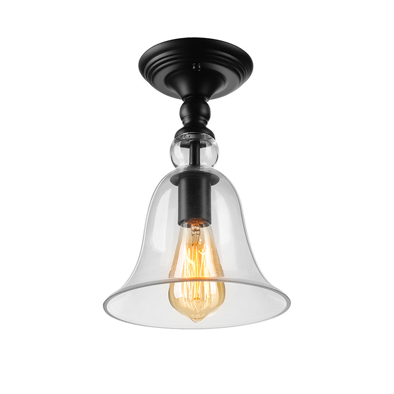 One Bulb Ceiling Lighting Industrial Flared Shade Clear Glass Semi Flush Mount Light in Black Clearhalo 'Ceiling Lights' 'Close To Ceiling Lights' 'Close to ceiling' 'Glass shade' 'Glass' 'Semi-flushmount' Lighting' 138467