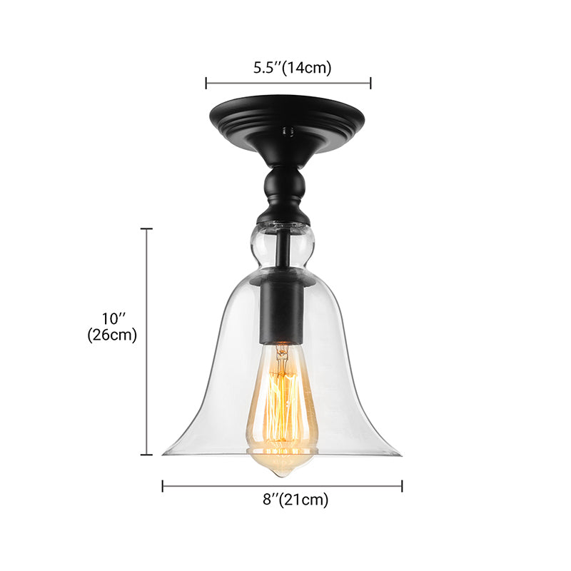 One Bulb Ceiling Lighting Industrial Flared Shade Clear Glass Semi Flush Mount Light in Black Clearhalo 'Ceiling Lights' 'Close To Ceiling Lights' 'Close to ceiling' 'Glass shade' 'Glass' 'Semi-flushmount' Lighting' 138468