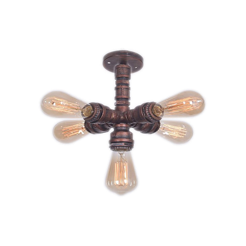 Copper Sputnik Semi Mount Lighting with Water Pipe Farmhouse Wrought Iron 5 Bulbs Bedroom Ceiling Lamp Clearhalo 'Ceiling Lights' 'Close To Ceiling Lights' 'Close to ceiling' 'Semi-flushmount' Lighting' 138483