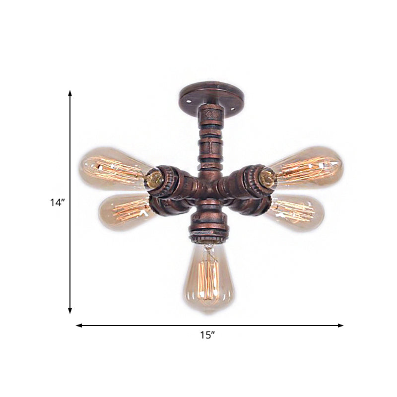 Copper Sputnik Semi Mount Lighting with Water Pipe Farmhouse Wrought Iron 5 Bulbs Bedroom Ceiling Lamp Clearhalo 'Ceiling Lights' 'Close To Ceiling Lights' 'Close to ceiling' 'Semi-flushmount' Lighting' 138484