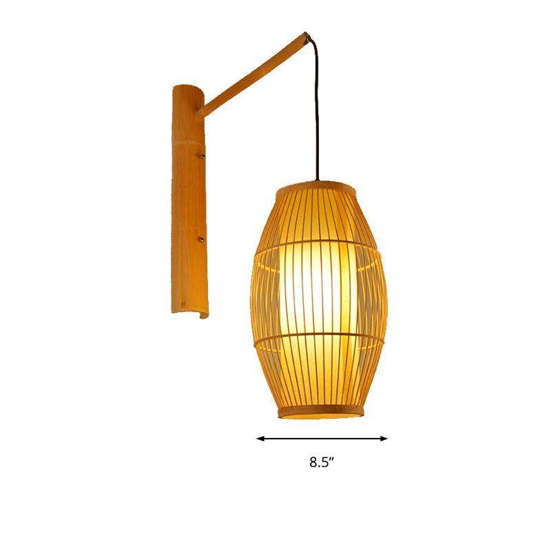 Asian Style Oblong Hanging Wall Light Bamboo 1 Bulb Bedroom Sconce Light Fixture in Beige Clearhalo 'Wall Lamps & Sconces' 'Wall Lights' Lighting' 138501