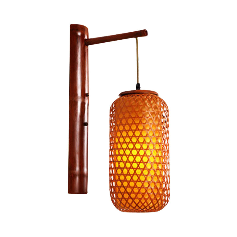 Hand-Knitted Bamboo Wall Lamp Asian Style 1-Light Beige Sconce Fixture with Lantern Design for Hallway Clearhalo 'Wall Lamps & Sconces' 'Wall Lights' Lighting' 138504