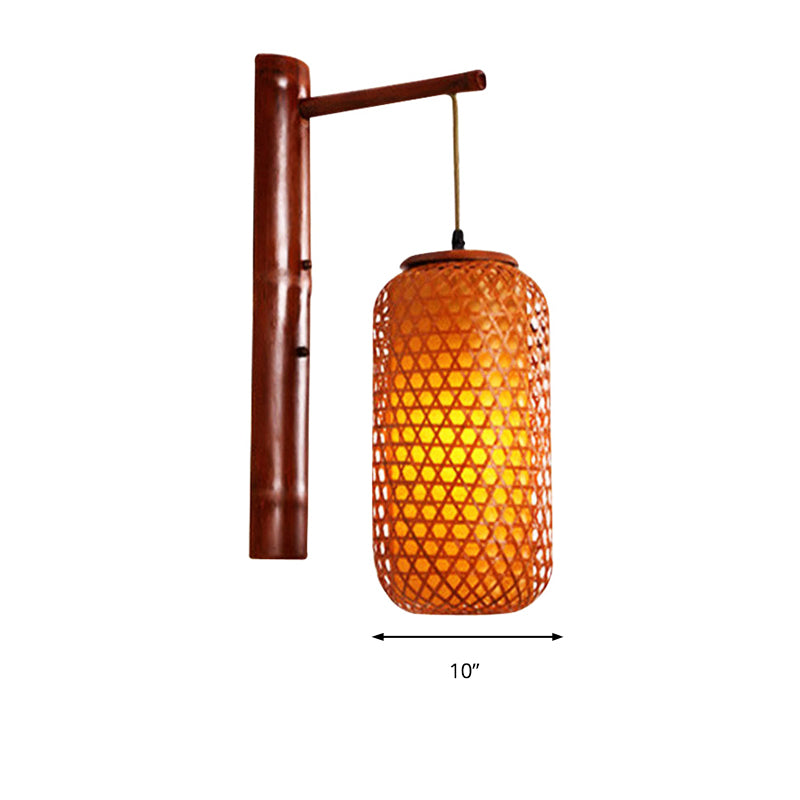 Hand-Knitted Bamboo Wall Lamp Asian Style 1-Light Beige Sconce Fixture with Lantern Design for Hallway Clearhalo 'Wall Lamps & Sconces' 'Wall Lights' Lighting' 138505