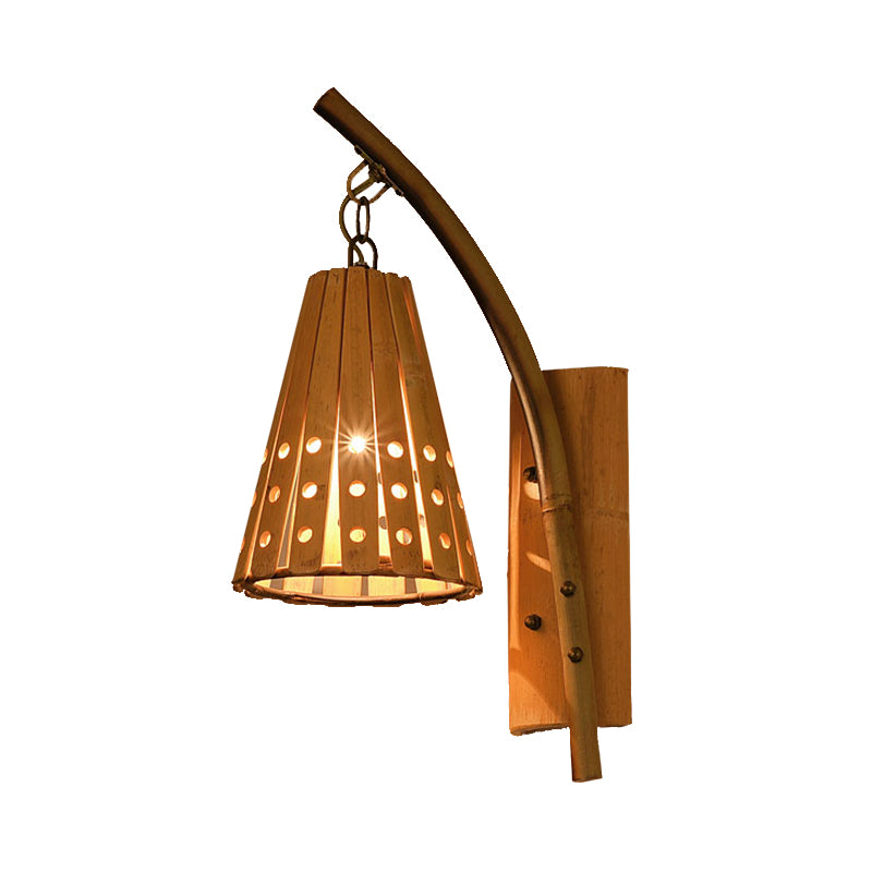 Bamboo Conical Shade Wall Lighting with Hollow Out Design Lodge Style 1-Head Wood Wall Lamp for Bedroom, Left/Right Clearhalo 'Wall Lamps & Sconces' 'Wall Lights' Lighting' 138541