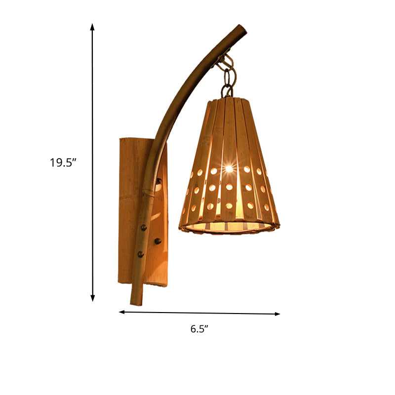 Bamboo Conical Shade Wall Lighting with Hollow Out Design Lodge Style 1-Head Wood Wall Lamp for Bedroom, Left/Right Clearhalo 'Wall Lamps & Sconces' 'Wall Lights' Lighting' 138542