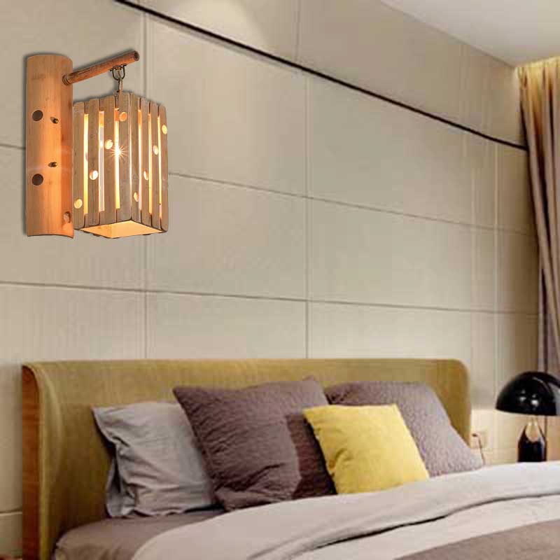 Rectangular Wall Lamp Countryside Bamboo 1-Light Wood Wall Lighting with Pierced Design for Bedroom Clearhalo 'Wall Lamps & Sconces' 'Wall Lights' Lighting' 138543