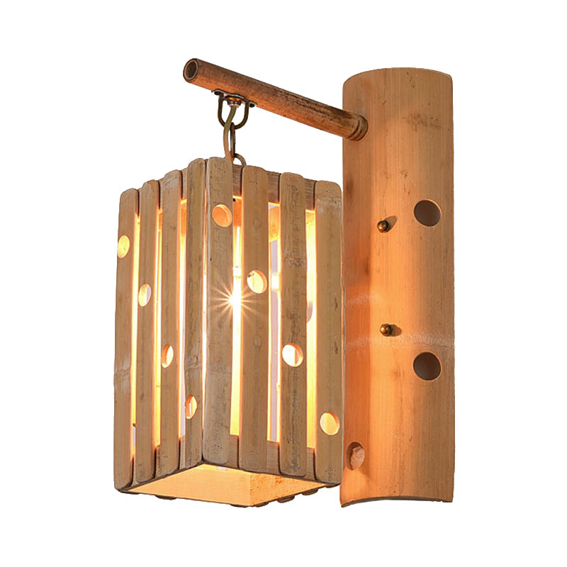 Rectangular Wall Lamp Countryside Bamboo 1-Light Wood Wall Lighting with Pierced Design for Bedroom Clearhalo 'Wall Lamps & Sconces' 'Wall Lights' Lighting' 138545