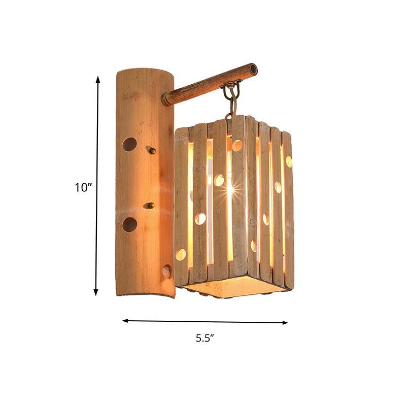 Rectangular Wall Lamp Countryside Bamboo 1-Light Wood Wall Lighting with Pierced Design for Bedroom Clearhalo 'Wall Lamps & Sconces' 'Wall Lights' Lighting' 138546