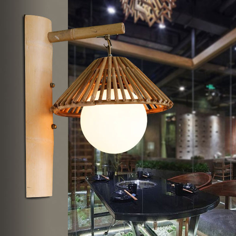 Bamboo Cone Wall Mount Light Asian Style 1-Light Brown Wall Lamp with White Glass Ball Shade Brown Clearhalo 'Wall Lamps & Sconces' 'Wall Lights' Lighting' 138576