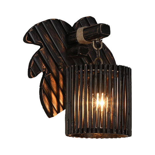 Black Finish Cylindrical Wall Lighting Lodge Stylish 1-Light Bamboo Wall Lamp with Wooden Leaf Backplate Clearhalo 'Modern wall lights' 'Modern' 'Wall Lamps & Sconces' 'Wall Lights' Lighting' 138588