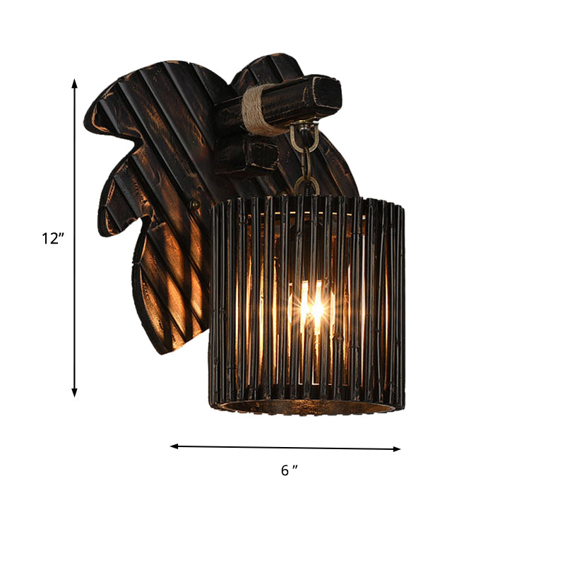 Black Finish Cylindrical Wall Lighting Lodge Stylish 1-Light Bamboo Wall Lamp with Wooden Leaf Backplate Clearhalo 'Modern wall lights' 'Modern' 'Wall Lamps & Sconces' 'Wall Lights' Lighting' 138589