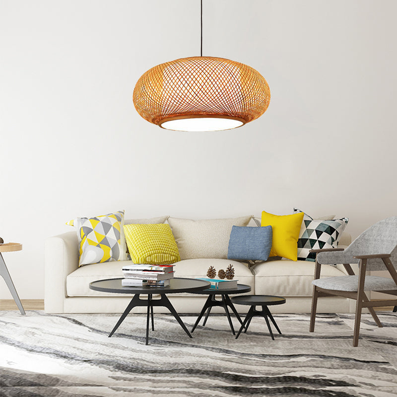 Curved Drum Bamboo Pendant Light Asian Stylish 16"/19.5" W 1 Light Beige Hanging Lamp for Living Room Clearhalo 'Ceiling Lights' 'Pendant Lights' 'Pendants' Lighting' 138607