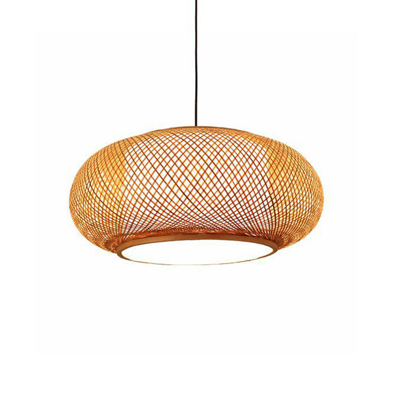 Curved Drum Bamboo Pendant Light Asian Stylish 16"/19.5" W 1 Light Beige Hanging Lamp for Living Room Clearhalo 'Ceiling Lights' 'Pendant Lights' 'Pendants' Lighting' 138609