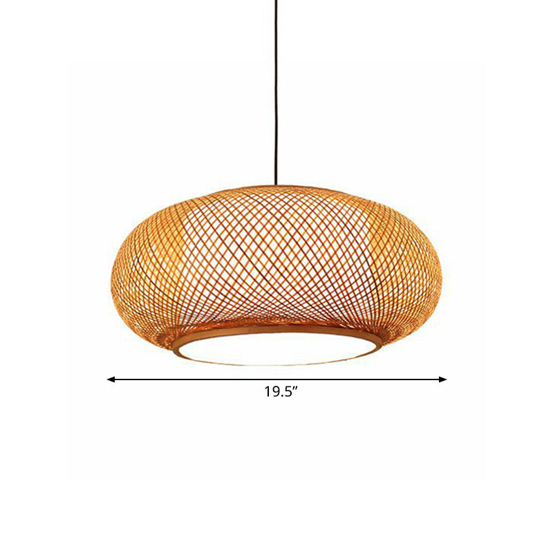 Curved Drum Bamboo Pendant Light Asian Stylish 16"/19.5" W 1 Light Beige Hanging Lamp for Living Room Clearhalo 'Ceiling Lights' 'Pendant Lights' 'Pendants' Lighting' 138611