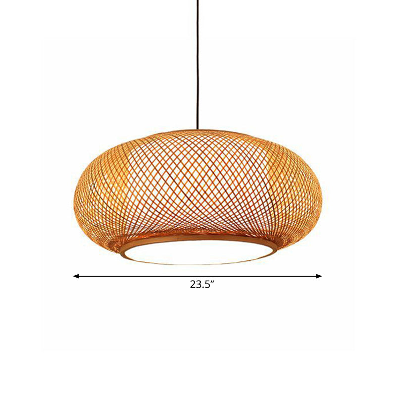 Curved Drum Bamboo Pendant Light Asian Stylish 16"/19.5" W 1 Light Beige Hanging Lamp for Living Room Clearhalo 'Ceiling Lights' 'Pendant Lights' 'Pendants' Lighting' 138612