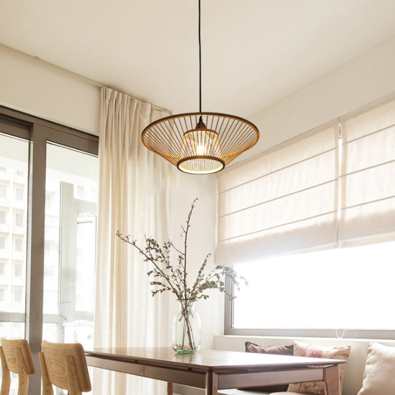 Bamboo Hand-Made Ceiling Lamp with Saucer Shade Modern 1-Light Beige Pendant Lamp for Dining Room Clearhalo 'Ceiling Lights' 'Pendant Lights' 'Pendants' Lighting' 138617