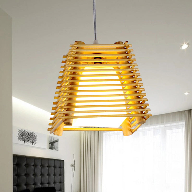 Bamboo Trapezoid Hanging Light Fixture Modern 1-Bulb Natural Wood Pendant Ceiling Light with White Glass Shade Wood Clearhalo 'Ceiling Lights' 'Modern Pendants' 'Modern' 'Pendant Lights' 'Pendants' Lighting' 138657