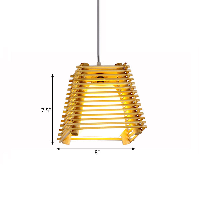 Bamboo Trapezoid Hanging Light Fixture Modern 1-Bulb Natural Wood Pendant Ceiling Light with White Glass Shade Clearhalo 'Ceiling Lights' 'Modern Pendants' 'Modern' 'Pendant Lights' 'Pendants' Lighting' 138660