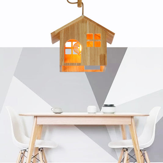 Wooden House Shaped Pendant Lamp Modern 1-Light Natural Wood Hanging Light with Adjustable Cord for Dining Room Wood Clearhalo 'Ceiling Lights' 'Modern Pendants' 'Modern' 'Pendant Lights' 'Pendants' Lighting' 138702