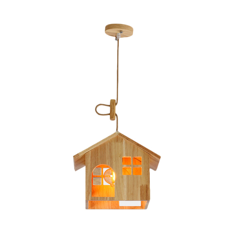 Wooden House Shaped Pendant Lamp Modern 1-Light Natural Wood Hanging Light with Adjustable Cord for Dining Room Clearhalo 'Ceiling Lights' 'Modern Pendants' 'Modern' 'Pendant Lights' 'Pendants' Lighting' 138704