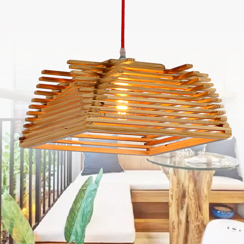 Wooden Square Pendant Light Asian 1-Light Beige Hanging Lamp with Adjustable Cord for Living Room Beige Clearhalo 'Ceiling Lights' 'Modern Pendants' 'Modern' 'Pendant Lights' 'Pendants' Lighting' 138715