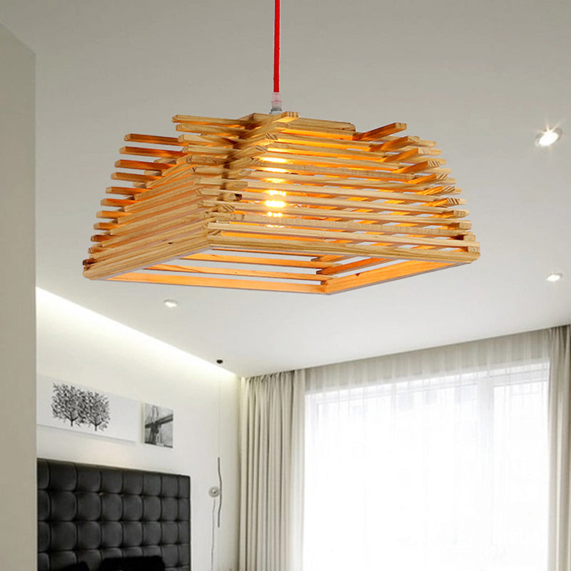 Wooden Square Pendant Light Asian 1-Light Beige Hanging Lamp with Adjustable Cord for Living Room Clearhalo 'Ceiling Lights' 'Modern Pendants' 'Modern' 'Pendant Lights' 'Pendants' Lighting' 138716