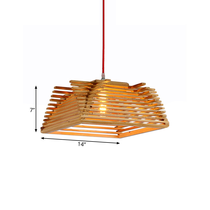 Wooden Square Pendant Light Asian 1-Light Beige Hanging Lamp with Adjustable Cord for Living Room Clearhalo 'Ceiling Lights' 'Modern Pendants' 'Modern' 'Pendant Lights' 'Pendants' Lighting' 138718