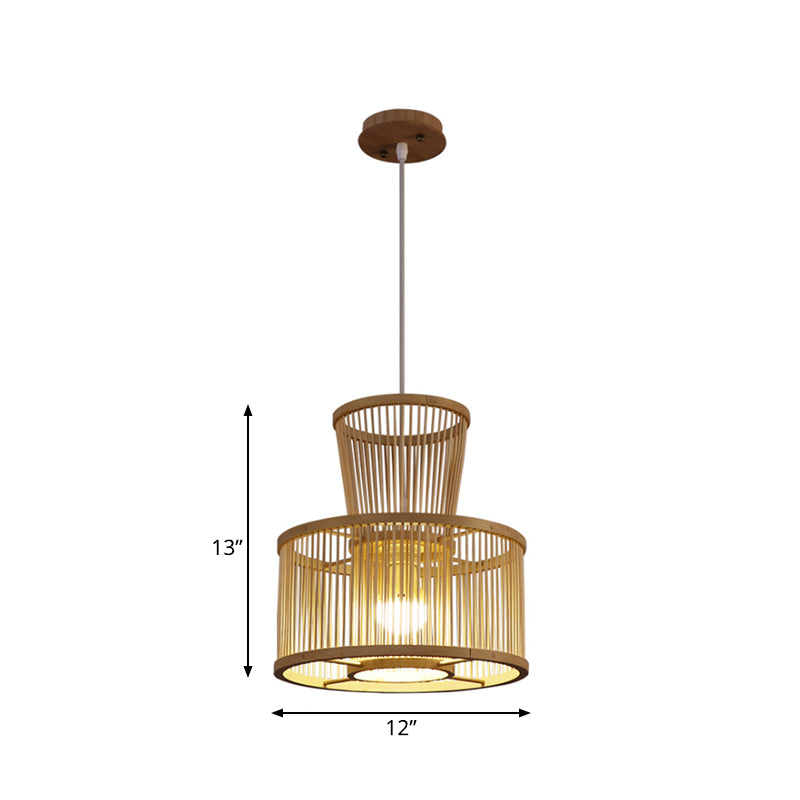 2-Tier Drum Hanging Light Countryside Bamboo 1 Light Beige Pendant Ceiling Light for Bedroom Clearhalo 'Ceiling Lights' 'Pendant Lights' 'Pendants' Lighting' 138727