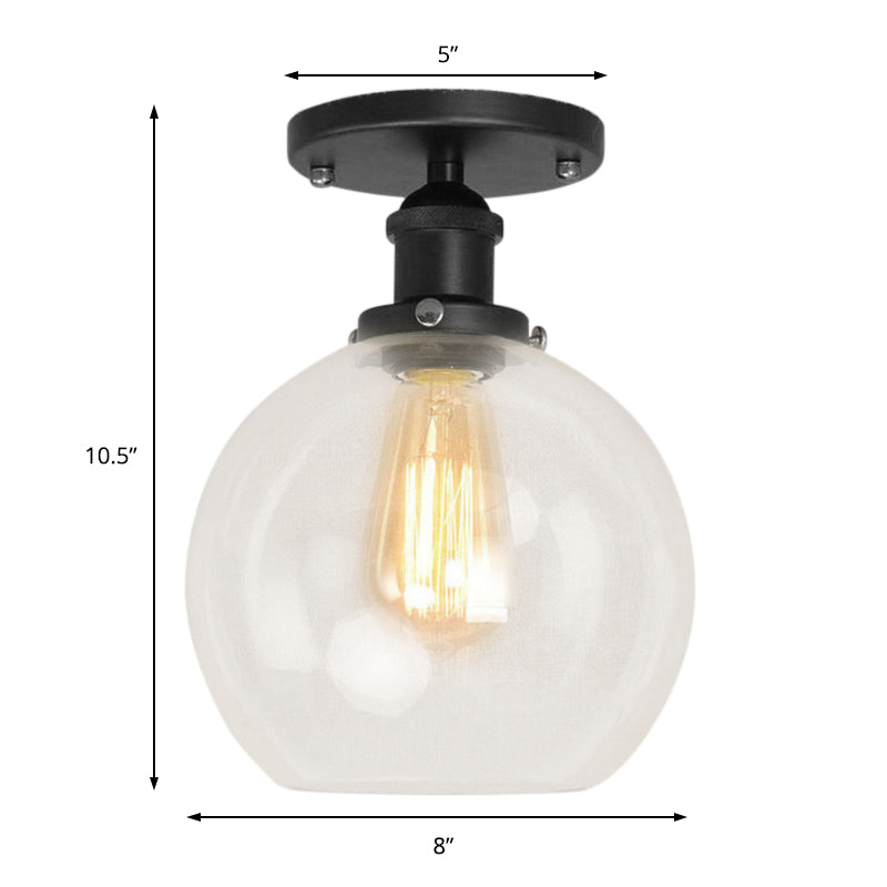 Spherical Balcony Semi Flush Industrial Clear Glass One Light Black/Brass/Copper Ceiling Light Fixture Clearhalo 'Ceiling Lights' 'Close To Ceiling Lights' 'Close to ceiling' 'Glass shade' 'Glass' 'Semi-flushmount' Lighting' 138731