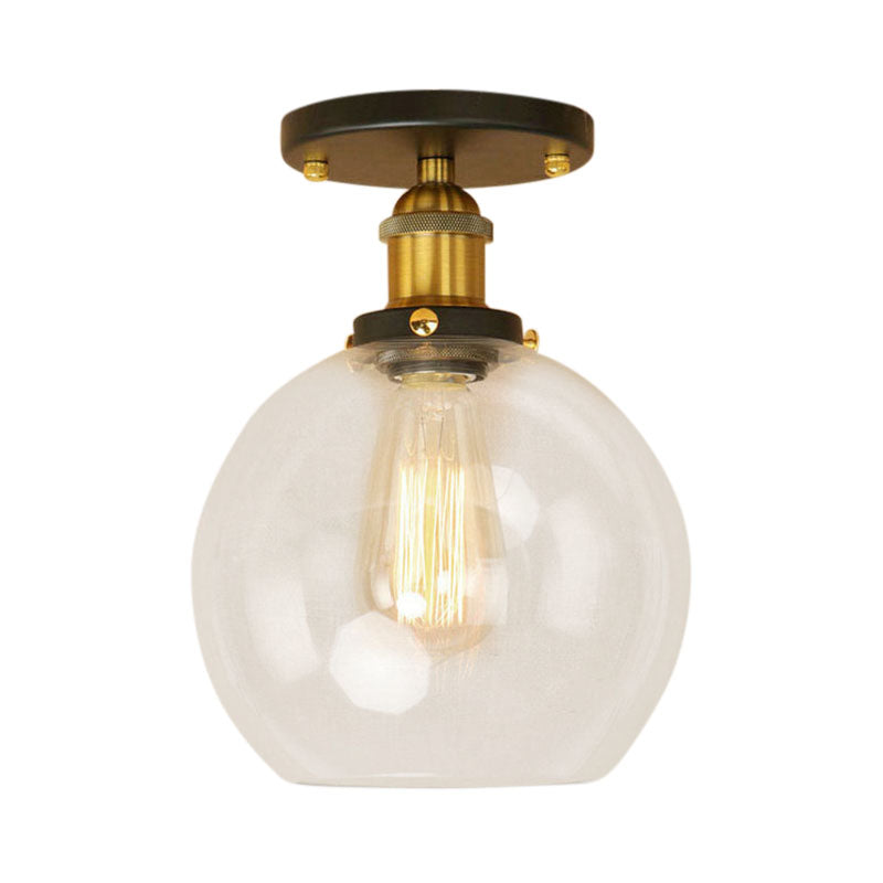 Spherical Balcony Semi Flush Industrial Clear Glass One Light Black/Brass/Copper Ceiling Light Fixture Clearhalo 'Ceiling Lights' 'Close To Ceiling Lights' 'Close to ceiling' 'Glass shade' 'Glass' 'Semi-flushmount' Lighting' 138733