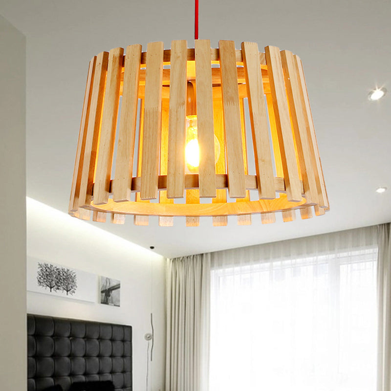 Wood Slatted Drum Hanging Pendant Light Contemporary 1-Light Ceiling Light in Beige for Bedroom Beige Clearhalo 'Ceiling Lights' 'Modern Pendants' 'Modern' 'Pendant Lights' 'Pendants' Lighting' 138744