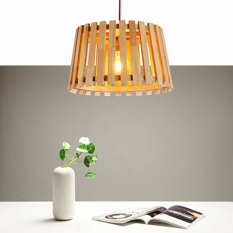 Wood Slatted Drum Hanging Pendant Light Contemporary 1-Light Ceiling Light in Beige for Bedroom Clearhalo 'Ceiling Lights' 'Modern Pendants' 'Modern' 'Pendant Lights' 'Pendants' Lighting' 138745