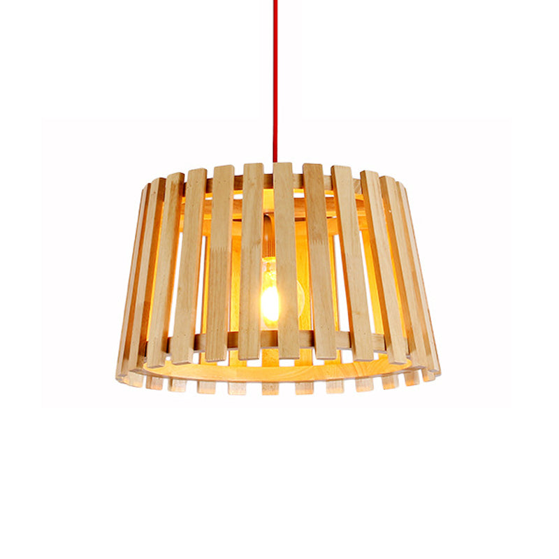 Wood Slatted Drum Hanging Pendant Light Contemporary 1-Light Ceiling Light in Beige for Bedroom Clearhalo 'Ceiling Lights' 'Modern Pendants' 'Modern' 'Pendant Lights' 'Pendants' Lighting' 138746