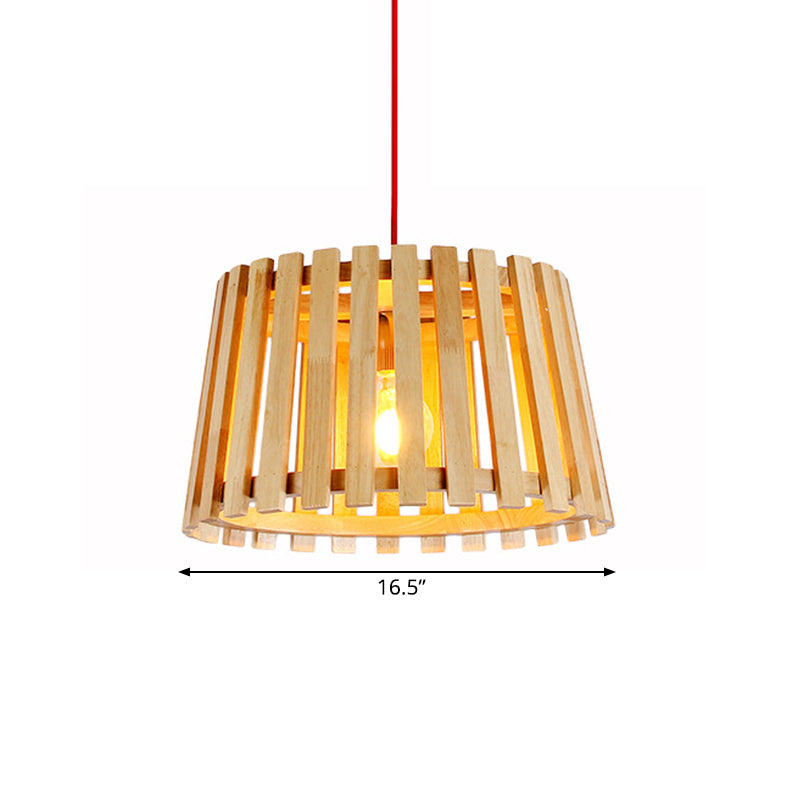 Wood Slatted Drum Hanging Pendant Light Contemporary 1-Light Ceiling Light in Beige for Bedroom Clearhalo 'Ceiling Lights' 'Modern Pendants' 'Modern' 'Pendant Lights' 'Pendants' Lighting' 138747