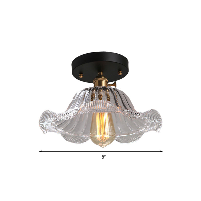 Red/Blue/Clear One Light Ceiling Mount Rustic Ribbed Glass Scalloped Semi Flush Light, 8"/10"/12" Wide Clearhalo 'Ceiling Lights' 'Close To Ceiling Lights' 'Close to ceiling' 'Glass shade' 'Glass' 'Semi-flushmount' Lighting' 138783